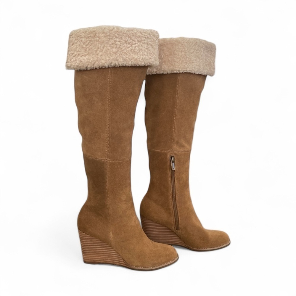 Lucky Brand Ysabel Suede Wedge Knee-High Boots | Sherpa Cuff | Women’s Size 7.5